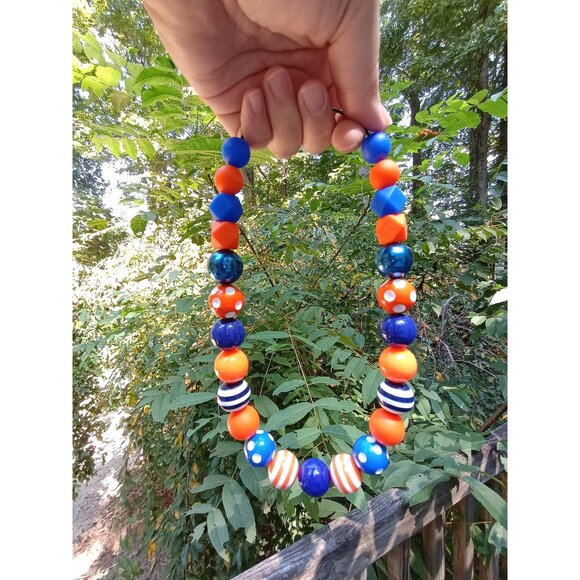 Game Day Dog Necklace, Orange and Blue Chunky Bead Pet Jewelry, Football Spirit - Picture 1 of 10